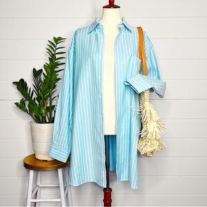 Oversized Light Blue Striped Relaxed Beach Button Front Shirt